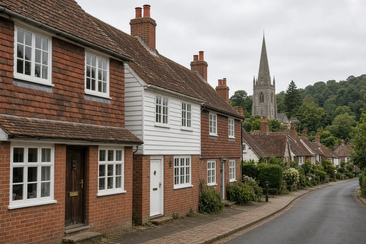 A High Weald village street with tile-hung and brick houses and a church spire beyond