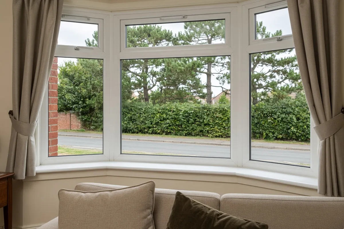 Inside a front room looking out through a new white three-unit canted bay window towards a garden and pine trees