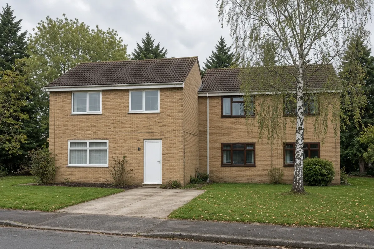 A pair of 1970s buff brick semi-detached houses with white uPVC casement windows