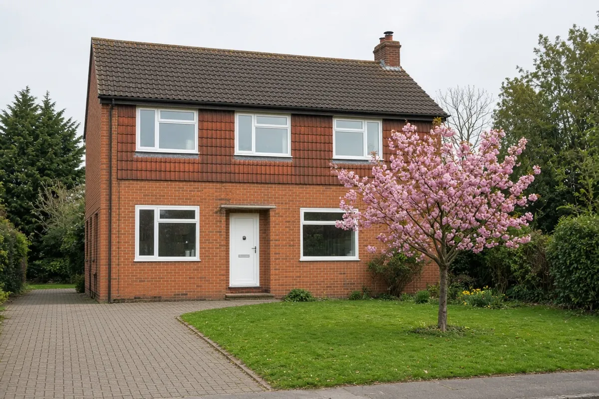 A 1980s detached brick house with white flush uPVC casement windows
