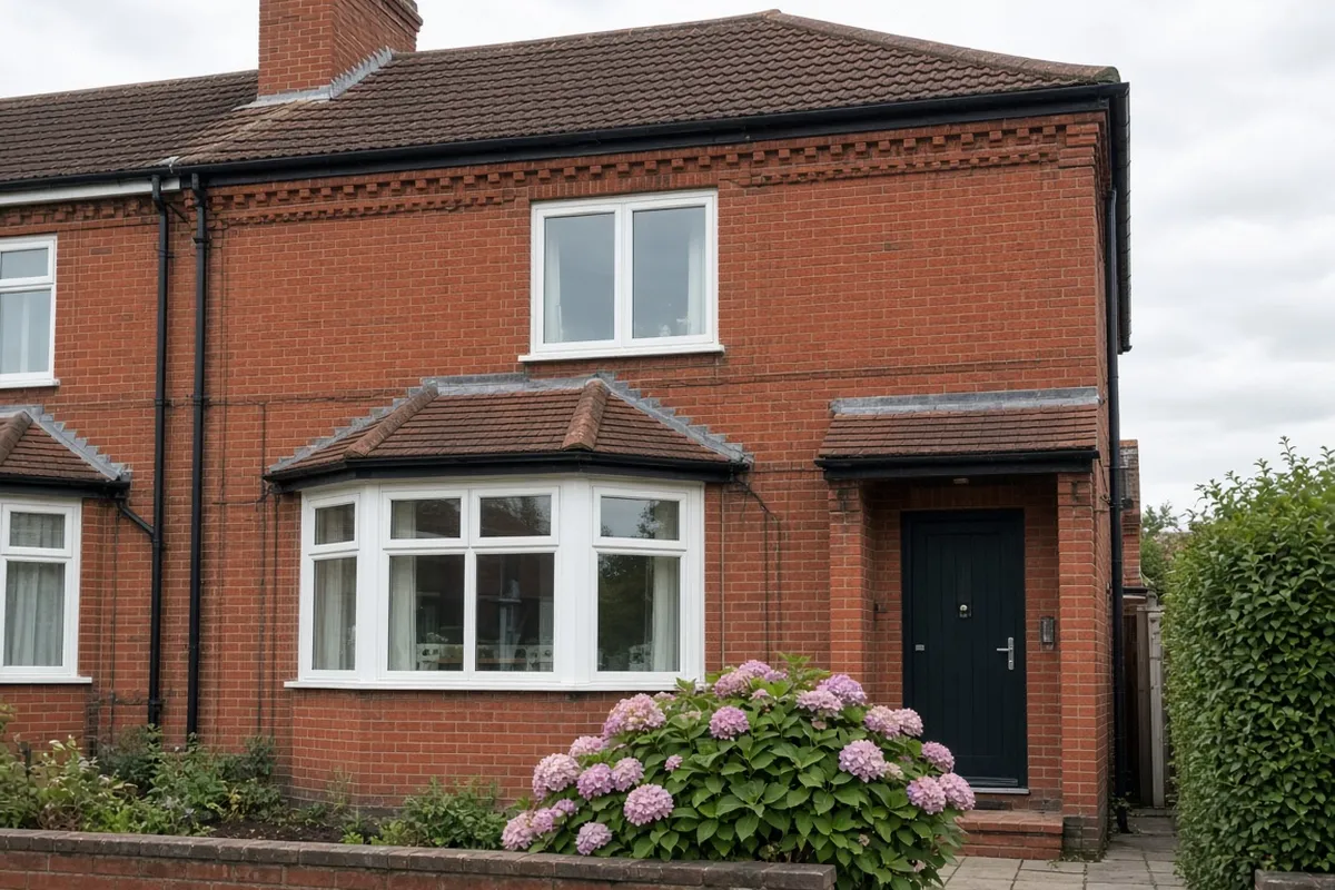 An Edwardian brick semi-detached house with a new white uPVC canted bay window on the ground floor