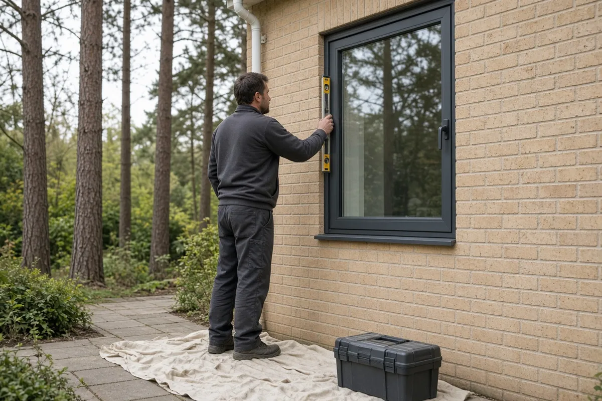 An installer in plain workwear checking a new anthracite slimline aluminium casement window with a spirit level