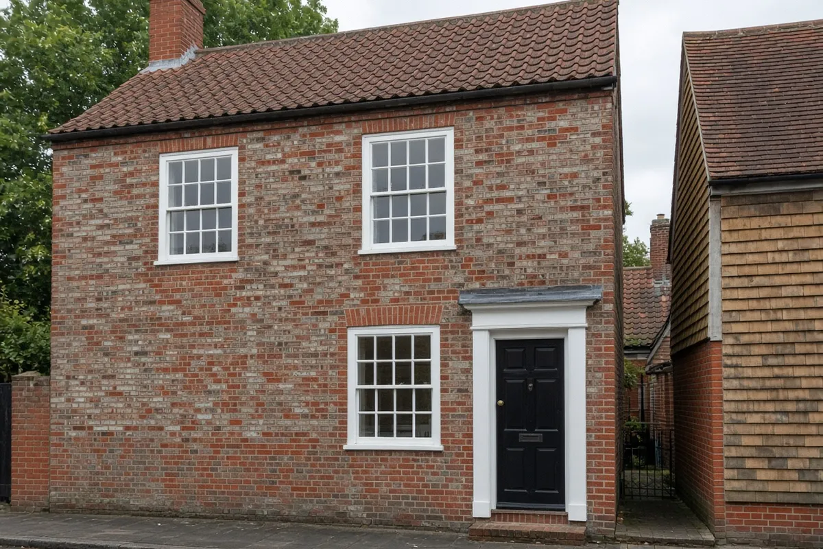 A brick village house in Rotherfield with painted timber six-over-six box sash windows