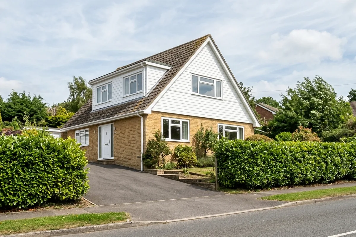 1970s chalet-style detached house in buff brick and white weatherboarding with every window replaced in white chamfered uPVC