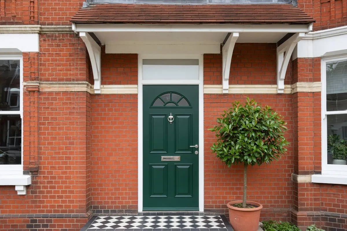 A green composite front door with a glazed top panel under the porch of an Edwardian red-brick semi-detached house
