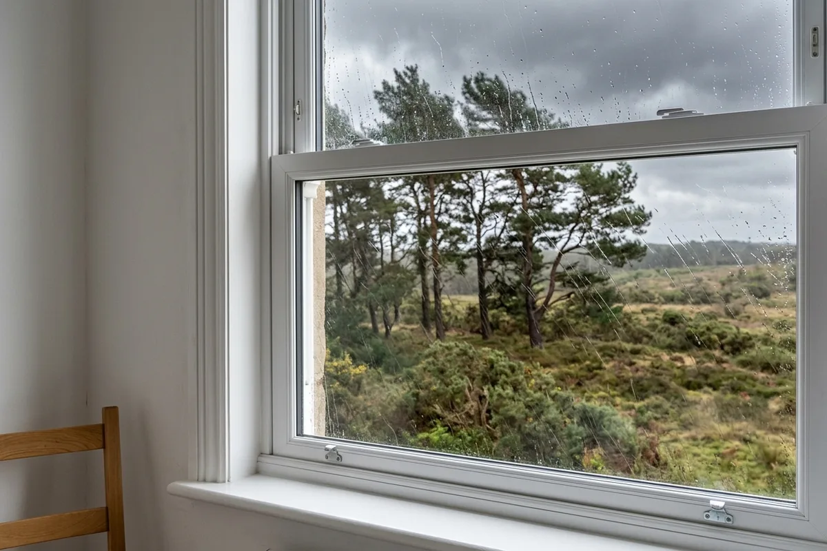 Wind-driven rain on the outside of a new white uPVC sash window, with a dry sill inside and Scots pines bending in the wind beyond