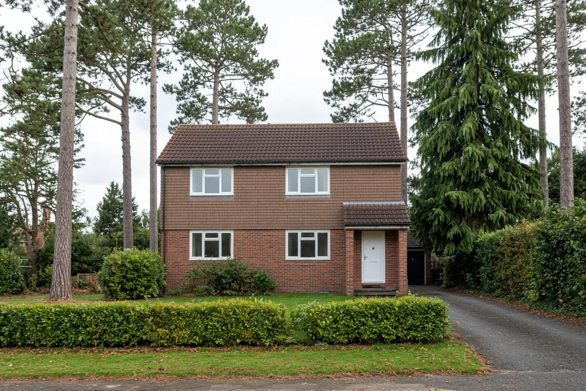 A post-war detached house with new white casement windows, standing among tall Scots pines of the kind found across Beacon Hill and the Warren in Crowborough