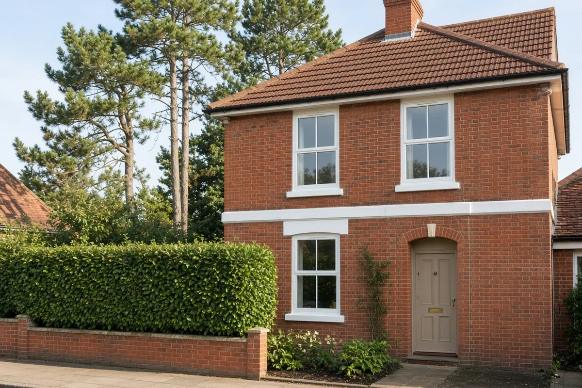 An Edwardian red-brick semi-detached house with white sliding sash windows on a Crowborough street with a church spire beyond