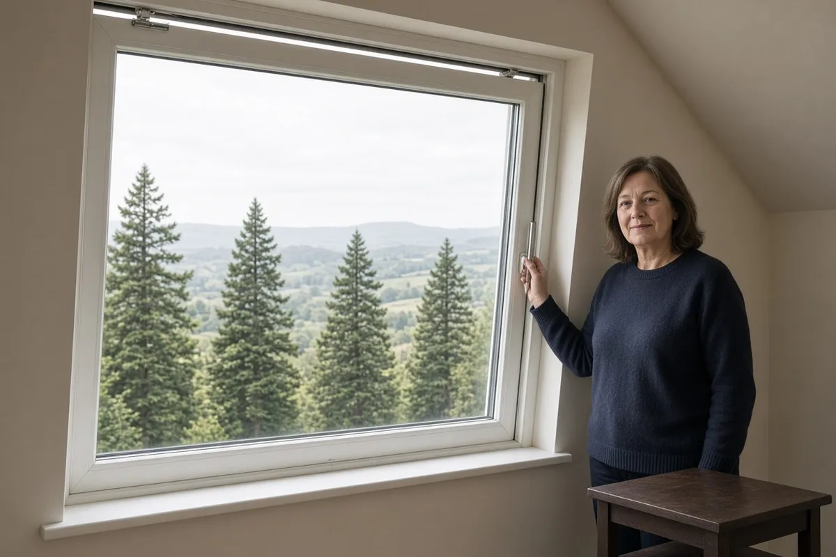 A homeowner beside a large white uPVC tilt-and-turn window in an upstairs flat